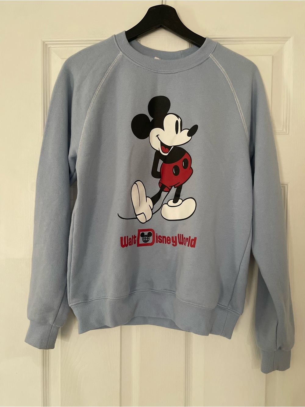 Disney Light Blue Mickey Mouse Crewneck Sweatshirt with Red Accents